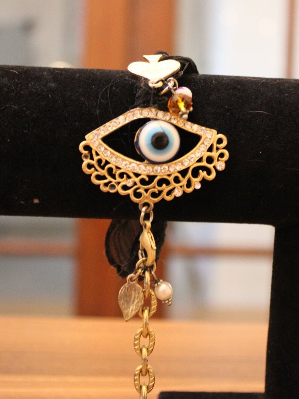 Betsey Johnson Gold Rhinestone Evil Eye Black Ribbon Bracelet